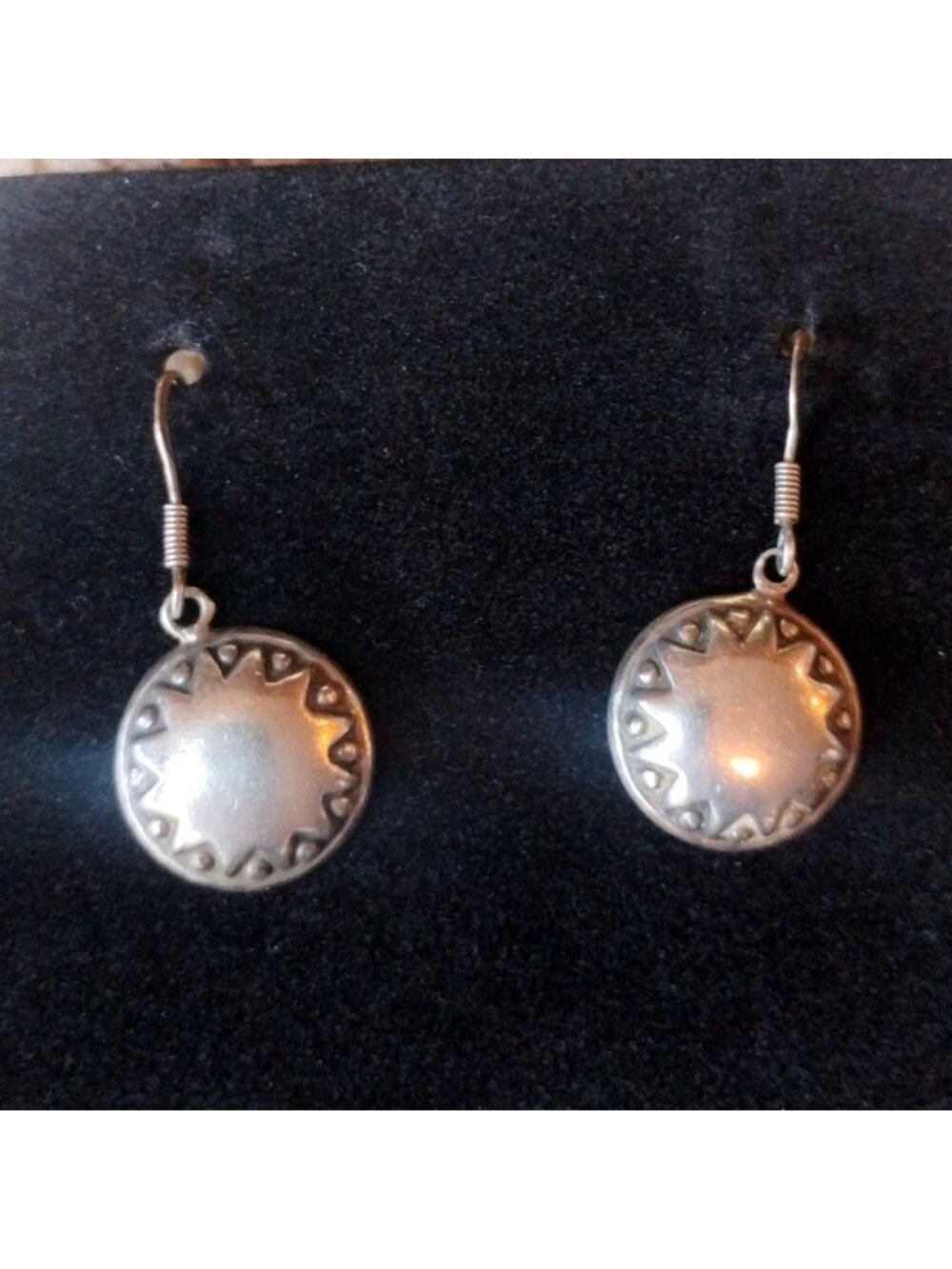 Vtg Native Made Sterling Silver Concho Starburst Puffy Dangle Earrings